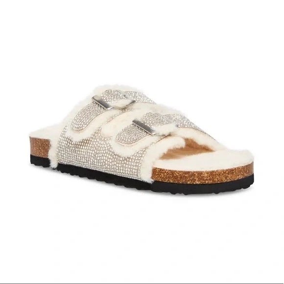 Steve Madden Other - Steve Madden Jleena Rhinestone Faux Fur Double Strap Slip On Slide Girls 3 5W